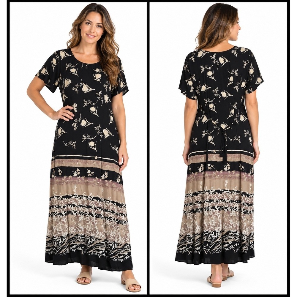 Notations Vintage Maxi Dress Womens Black Floral XL Rayon